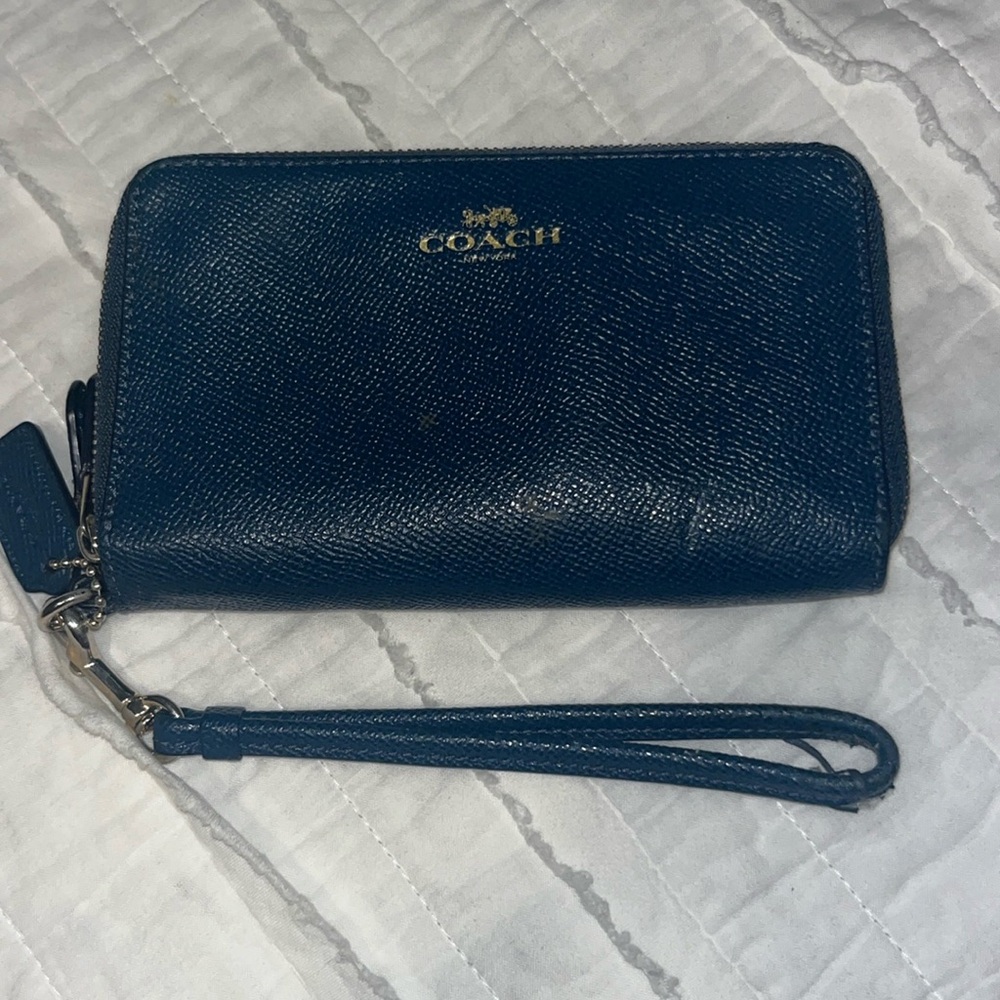 COACH wrap around wristlet wallet, two compartments -navy blue